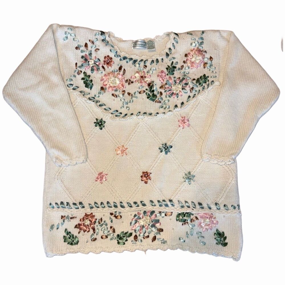 Vintage Embroidered Ribbon Floral Sweater Size Medium Grandmacore Cottagecore